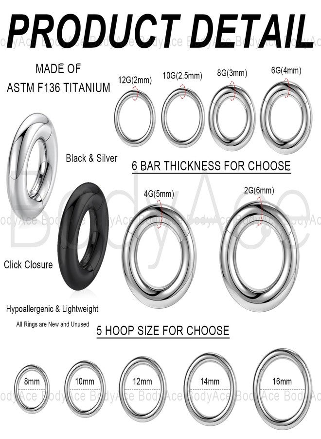 BodyAce F136 Titanium Hinged Large Septum Nose Rings, 2G 4G 6G 8G 10G 12G Segment Clicker PA Ring, Spring Action BCR Rings Earrings Gauges Hoop Body Jewelry [Black;8G,Hoops:12mm] - Image 2